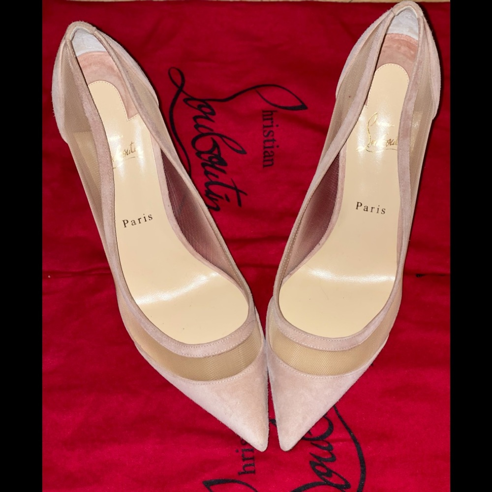 Authentic Christian Louboutin Galativi Suede/Mesh Red Sole Pumps, Nude